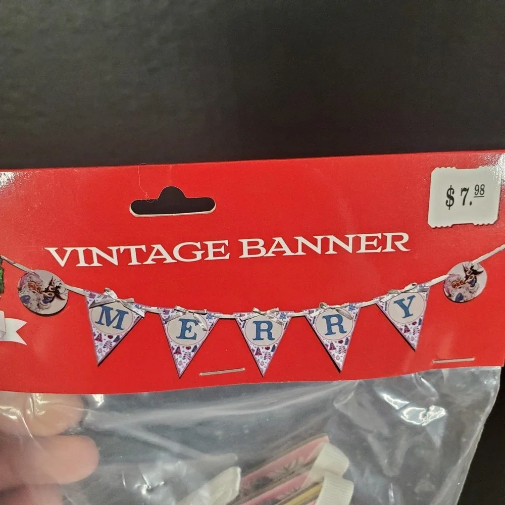 NEW Mr Christmas Vintage Look Banner Teal MERRY Santa 53